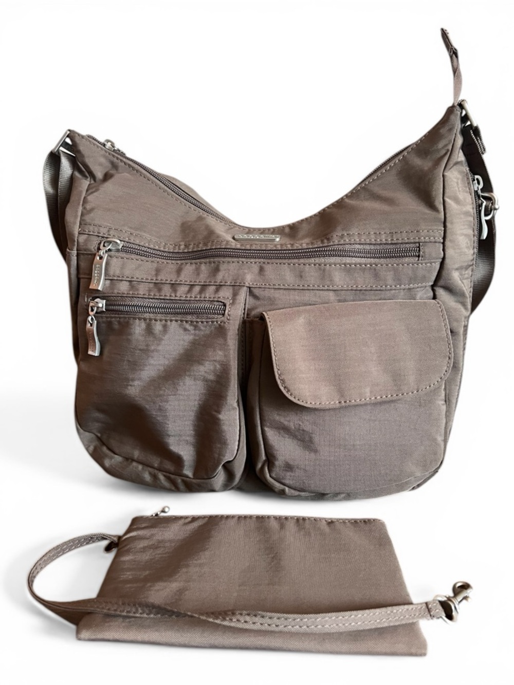 Baggallini Taupe Nylon Crossbody Hobo Bag Multi Pocket + Wristlet NWOT